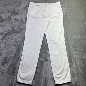 Chino White Pants Relaxed Fit Floral Embroidered Casual Trousers‎ Sz 30 Fits 31"